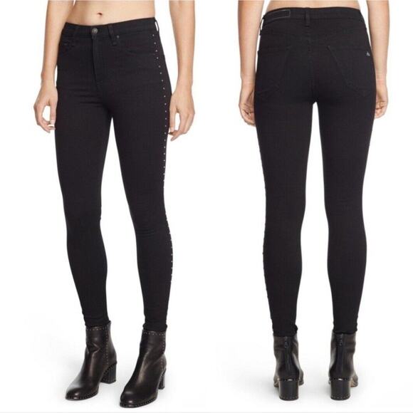 Rag & Bone High Rise Skinny Jeans Black Studded Women's Size 26 - Picture 2 of 11